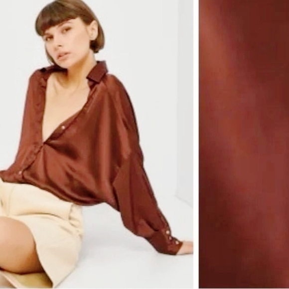 Zara Satin Effect Blouse, With Garter Band,Brown, Women's Large - Picture 3 of 12